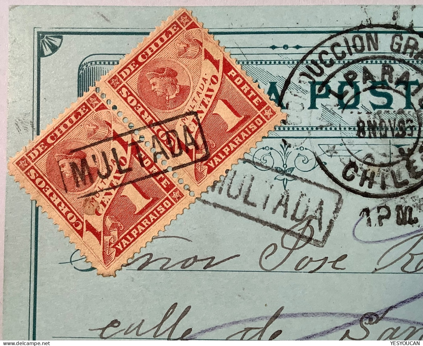 Chile1895 Postage Due 1c Pair MULTADA Valparaiso On Columbus 1c Postal Stationery Card (taxe Lettre Entier - Chile