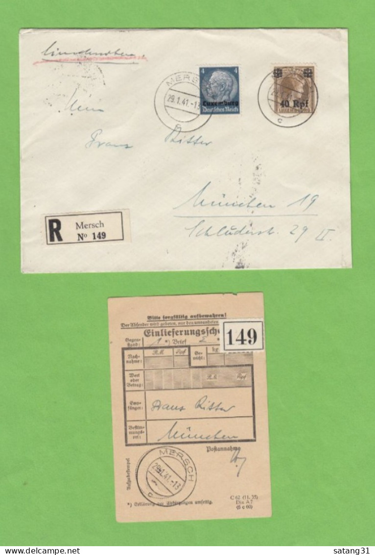 EINGESCHRIEBENER BRIEF AUS MERSCH MIT RECO. ZETTEL NACH MÜNCHEN,DEUTSCHLAND,1941. - 1940-1944 Occupation Allemande