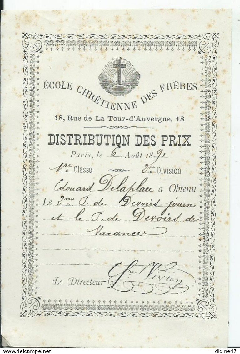 BULLETIN SCOLAIRE - ÉCOLE CHRÉTIENNE DES FRERES -PARIS - Distribution Des Prix 1891 - Diplômes & Bulletins Scolaires