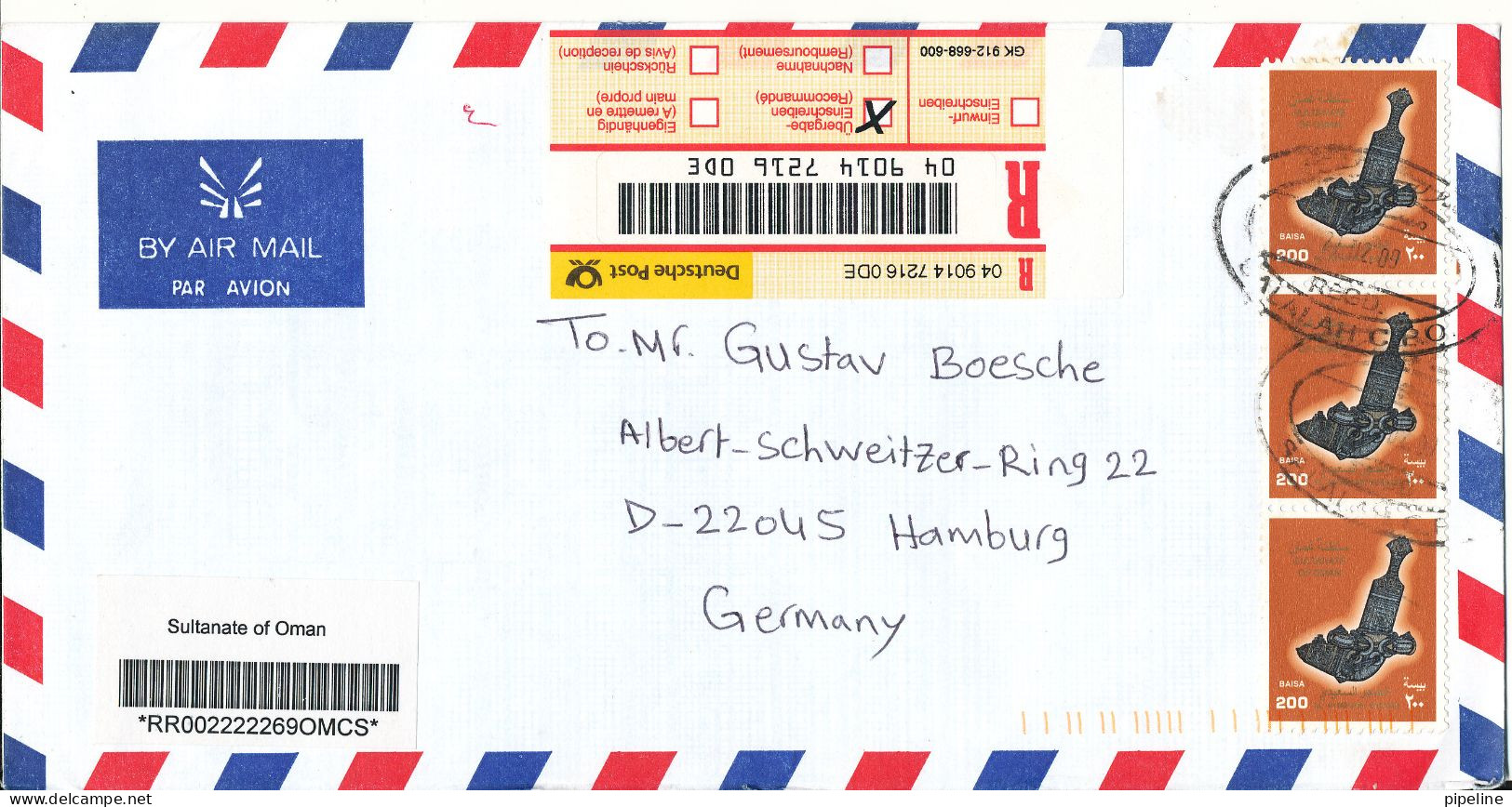 Oman Registered Air Mail Cover Sent To Germany 21-2-2000 - Oman