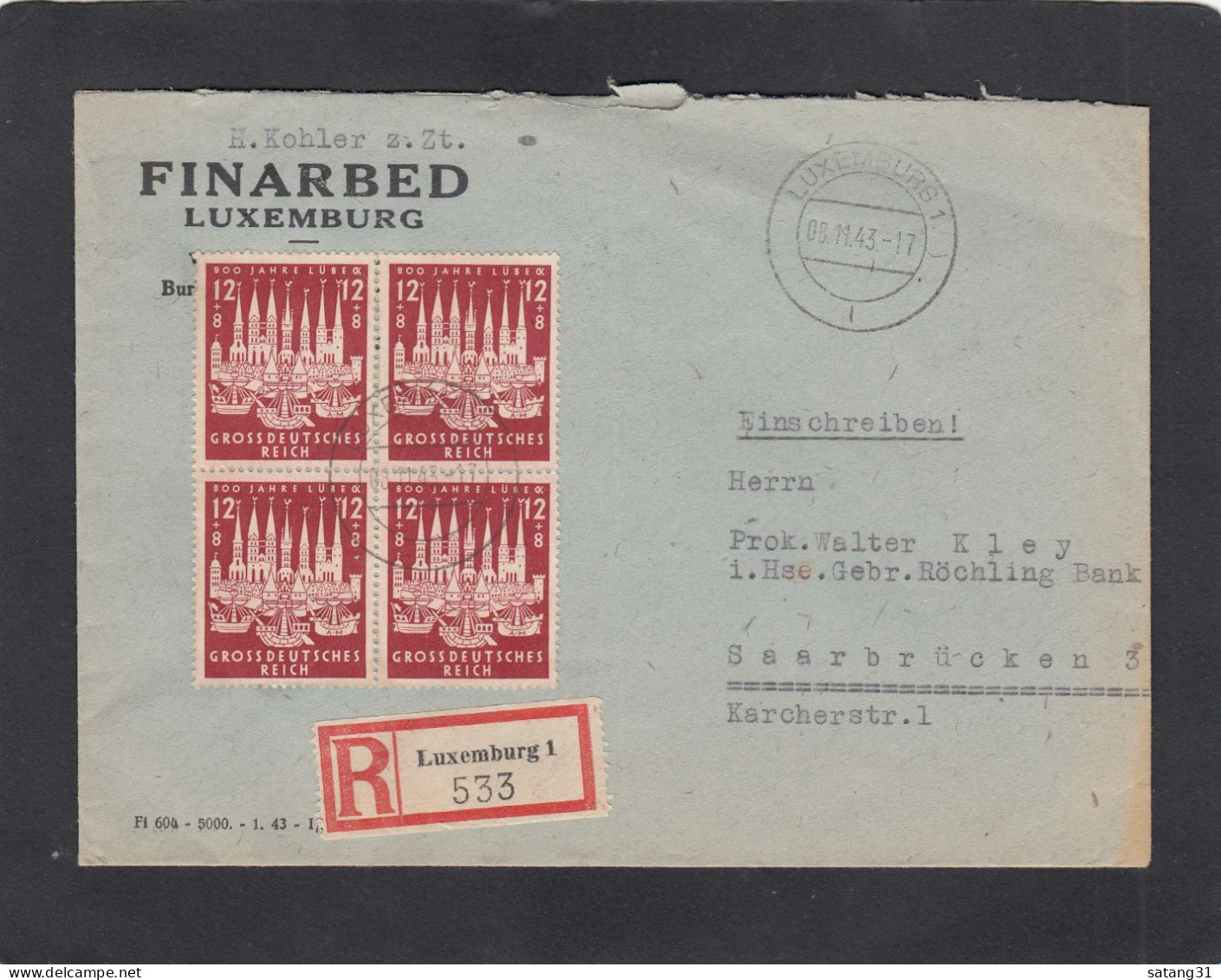 FINARBED,LUXEMBURG.EINGESCHRIEBENER BRIEF,MIT VIERERBLOCK DER B.MARKE "100 JAHRE LÜBECK",NACH SAARBRÜCKEN,1943. - 1940-1944 German Occupation