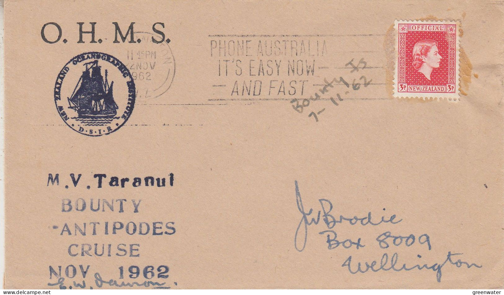 New Zealand OHMS Letter MV Taranul Bounty Antipodes Cruise NOV 1962 Signature Bounty JS 7 NOV 1962 (SR188) (SR188) - Polar Ships & Icebreakers