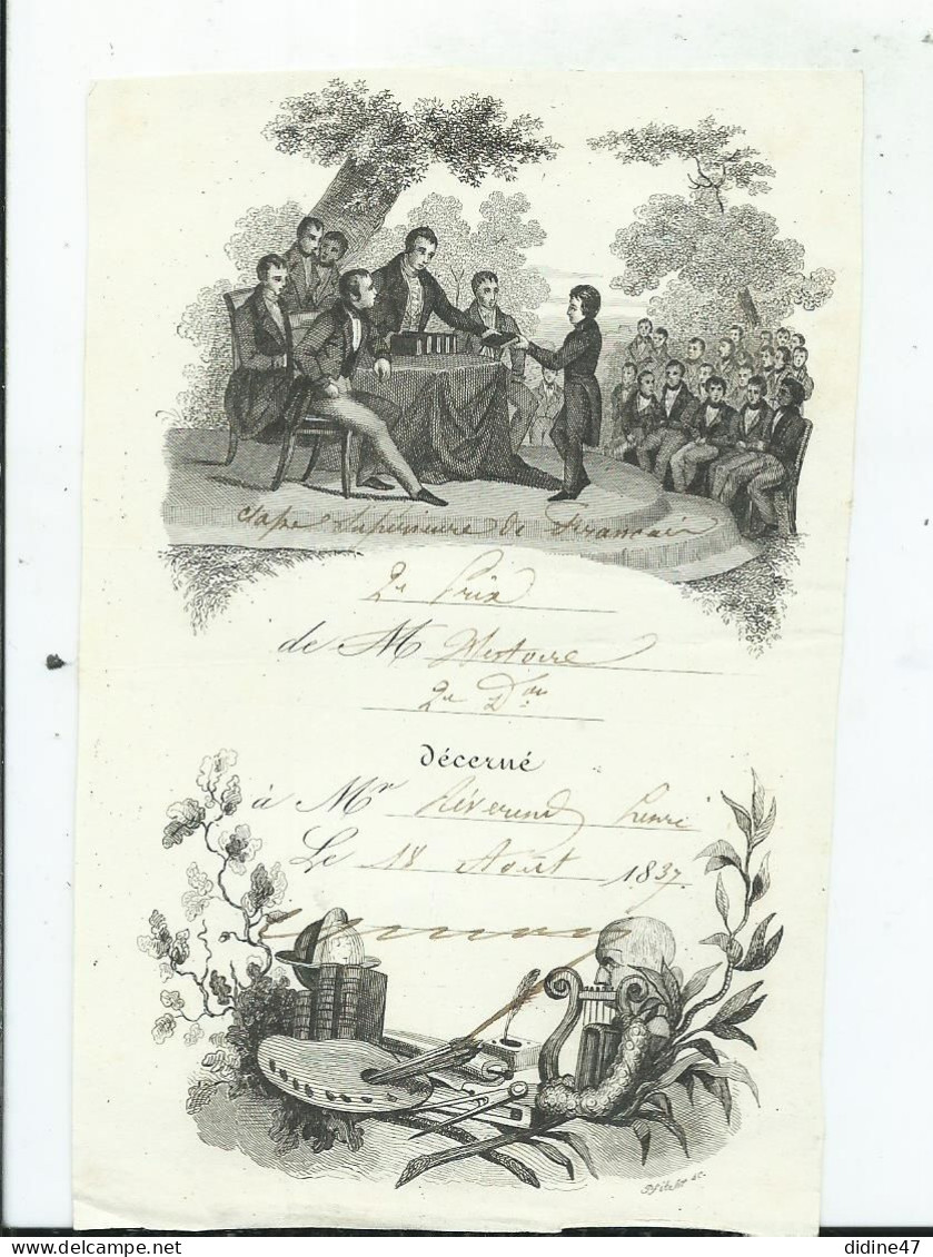 BULLETIN SCOLAIRE - Classe Supérieure De Français- 1837 2e Prix - Diplômes & Bulletins Scolaires