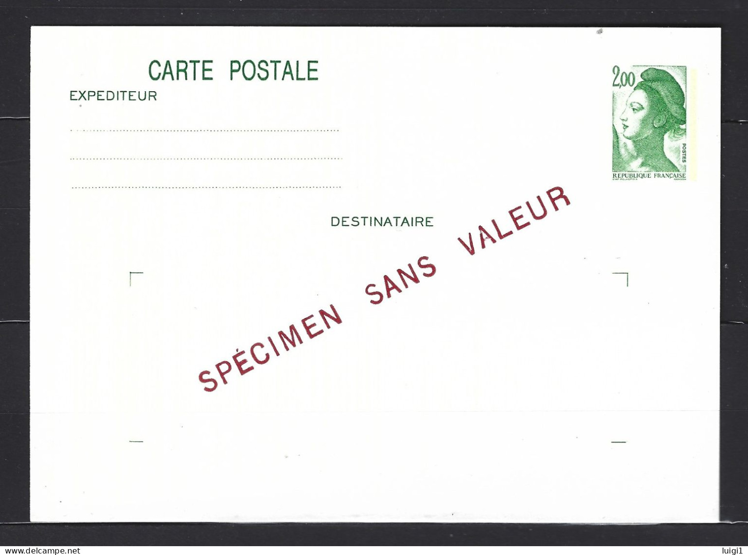 FRANCE ANNEE 1987 ENTIER Y&T N°2484 CP1 - 2 F. Vert Liberté - SURCHAGE " SPECIMEN SANS VALEUR" NEUF.TB - Specimen