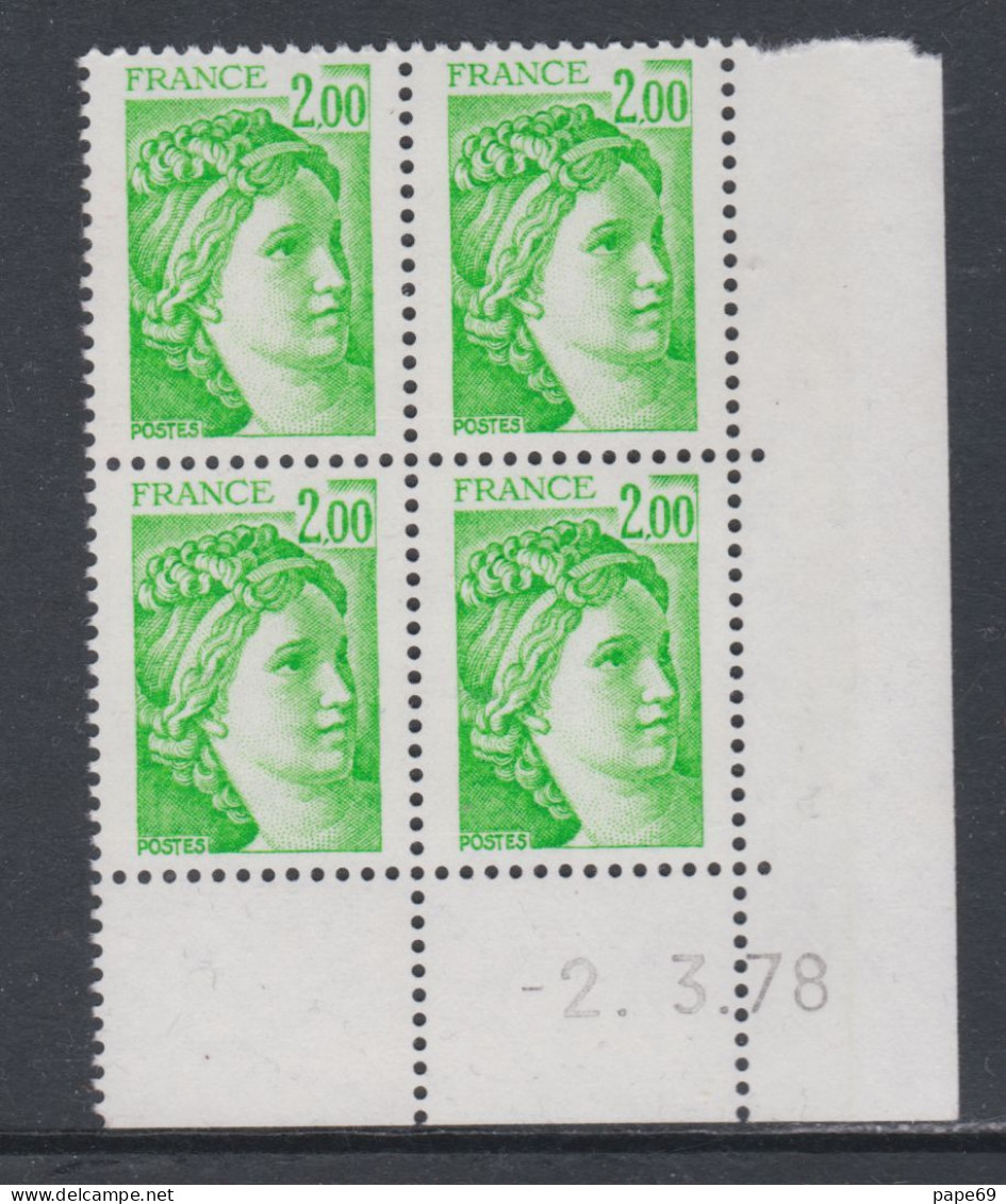 France N° 1977 Type Sabine : 2 F. Vert-jaune En Bloc De 4 Coin Daté  Du 2 . 3 . 78 ;  Sans Trait, Sans Cha., TB - 1977-1981 Sabine Van Gandon