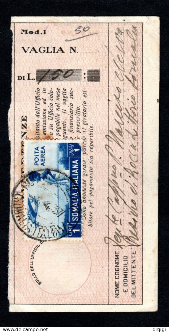 SOMALIA, INTERO POSTALE V2, RICEV. VAGLIA POSTALE, 1937 ROCCA LITTORIO RARO - Somalië