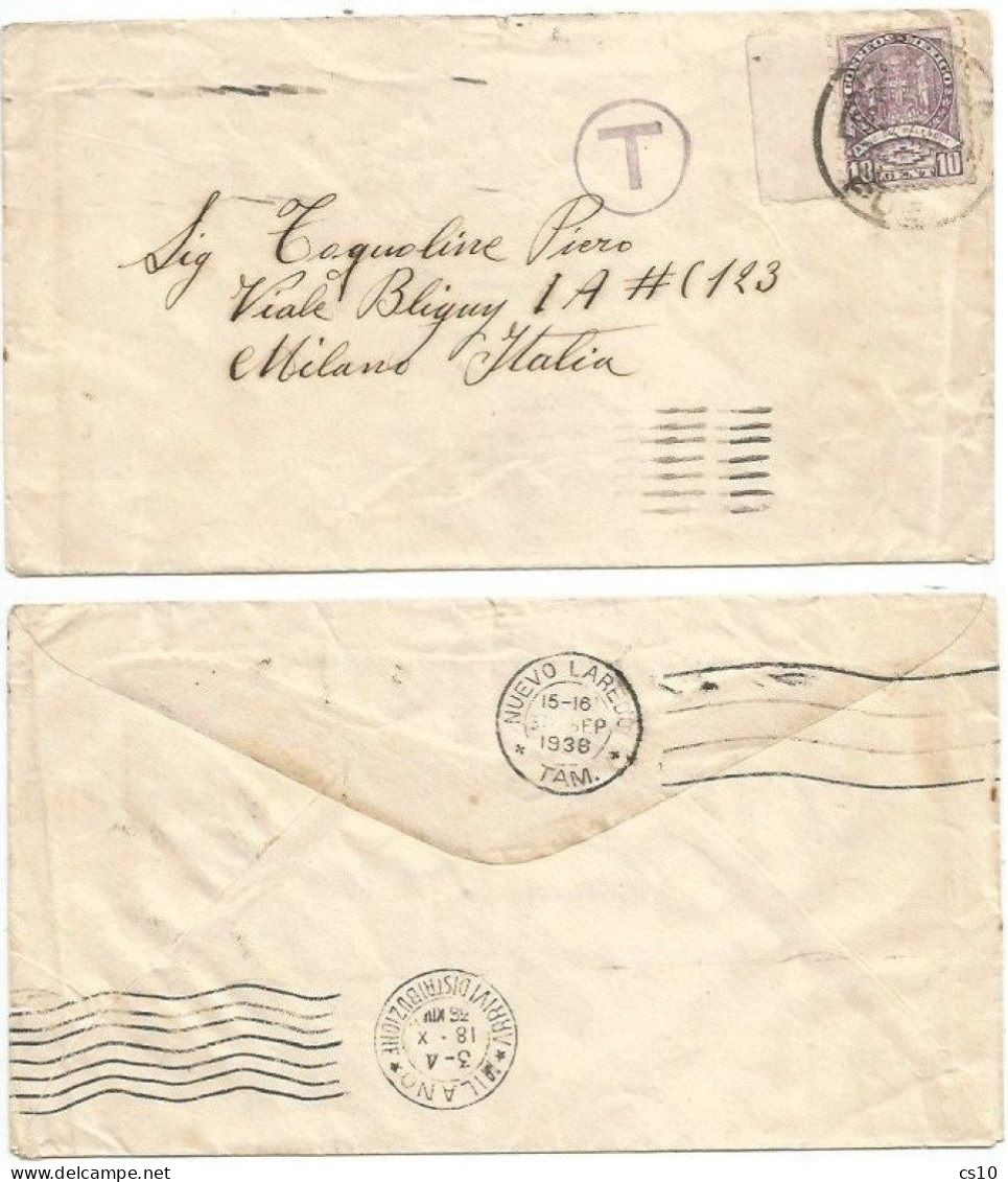 Mexico Nuevo Laredo (?) Cover 30sep1936 To Italy With C.10 Sheet Margin + "T" Taxed Lilac PMK - Mexico