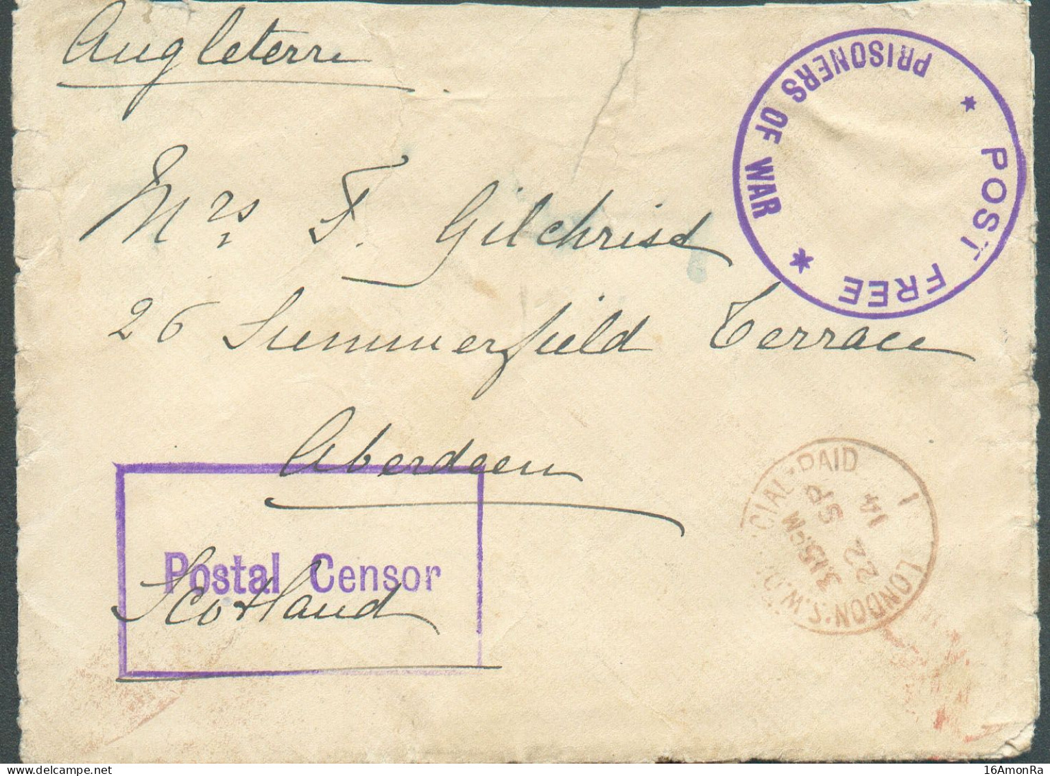 Enveloppe écrite Par Un Belge De Bois-Seigneur-Isaac (près Lillois Et Waterloo) Pour Compte D'un Prisonnier Britannique - Esercito Belga