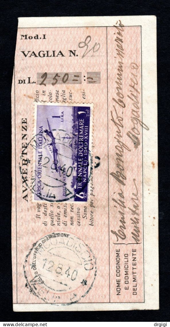 SOMALIA, INTERO POSTALE V2, RICEV. VAGLIA POSTALE, 1940 MOGADISCIO VAGLIA A RARO - Somalie