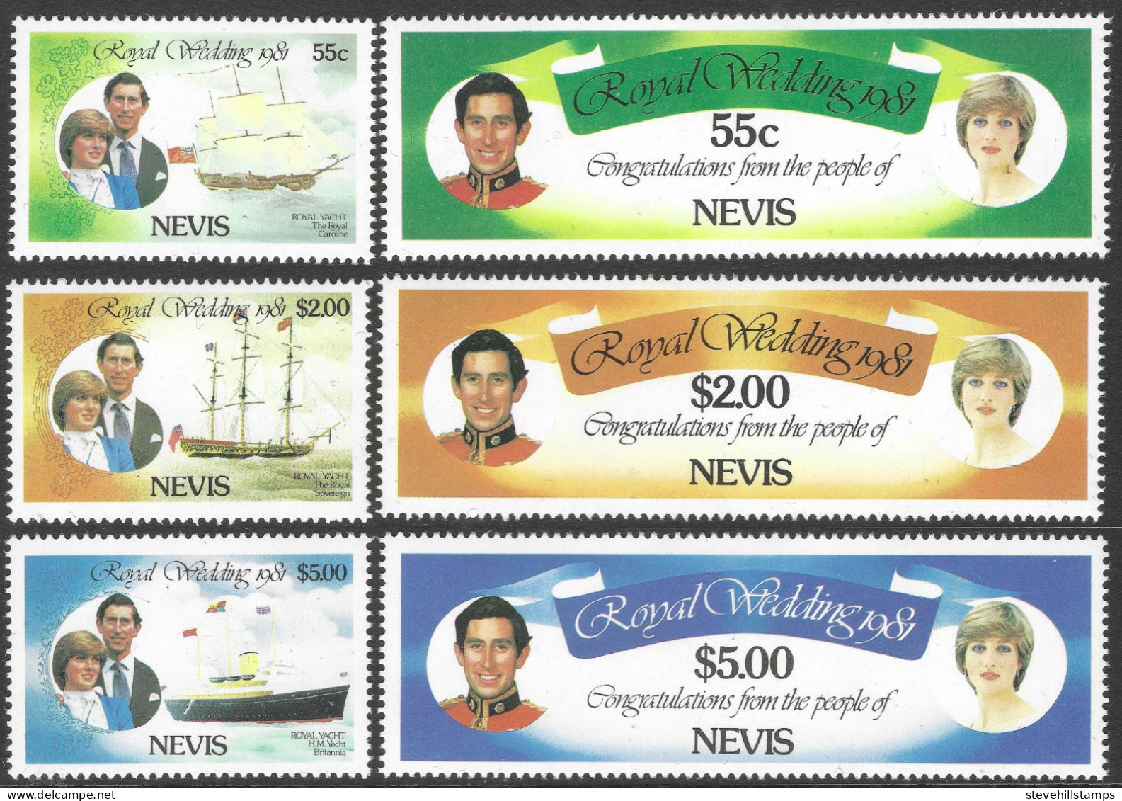 Nevis. 1981 Royal Wedding. MNH Complete Set. SG 72-77. M3131L - St.Kitts And Nevis ( 1983-...)