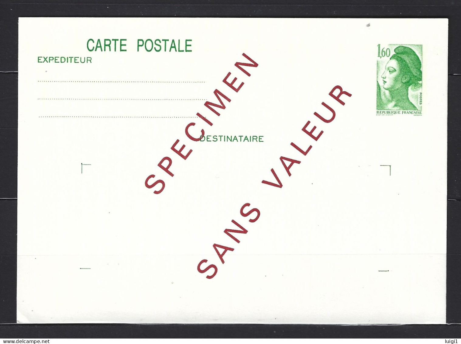 FRANCE ANNEE 1982 ENTIER Y&T N°2219 CP1 - 1 F. 60 Vert Liberté - SURCHAGE " SPECIMEN SANS VALEUR" NEUF.TB - Specimen