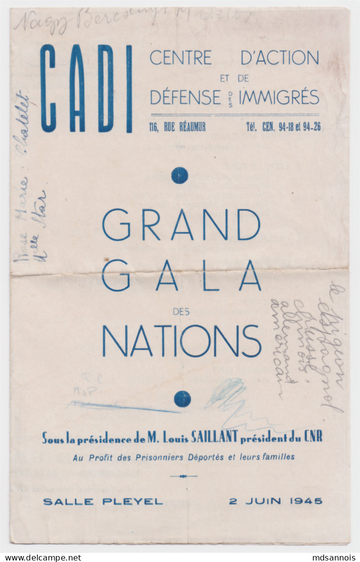 Grand Gala Des Nations 2 Juin 1945 Salle Pleyel Au Profit Des Prisonniers Déportés Avec 2 Invitations Traces D'écritures - Tickets - Vouchers