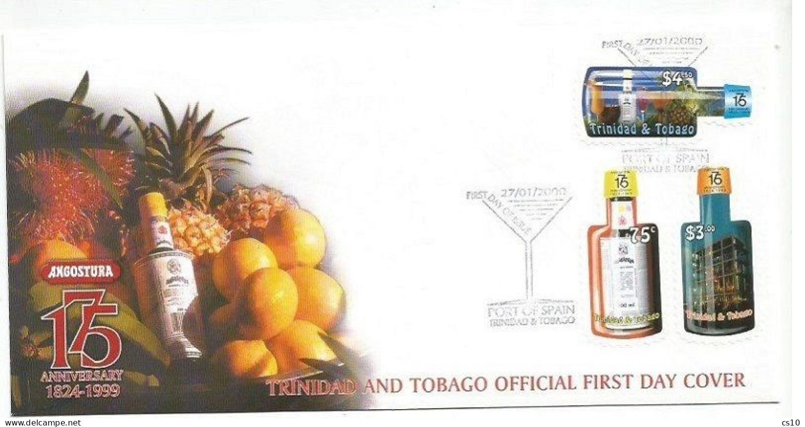 Trinidad Tobago FDC 27jan2000 Angostura Drink Cpl 3v Set Bottle Shape - Vinos Y Alcoholes