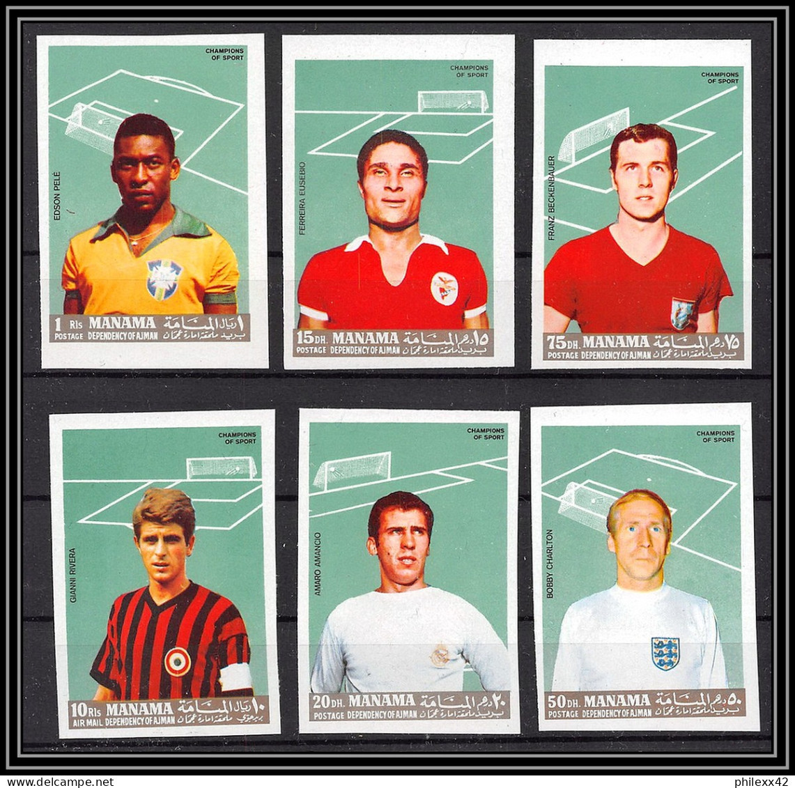 Manama - 5056a N°A 106 A/F Football Soccer Eusebio Rivera Pelé Charlton Beckenbauer Neuf ** MNH Non Dentelé Imperf 1968 - Nuevos