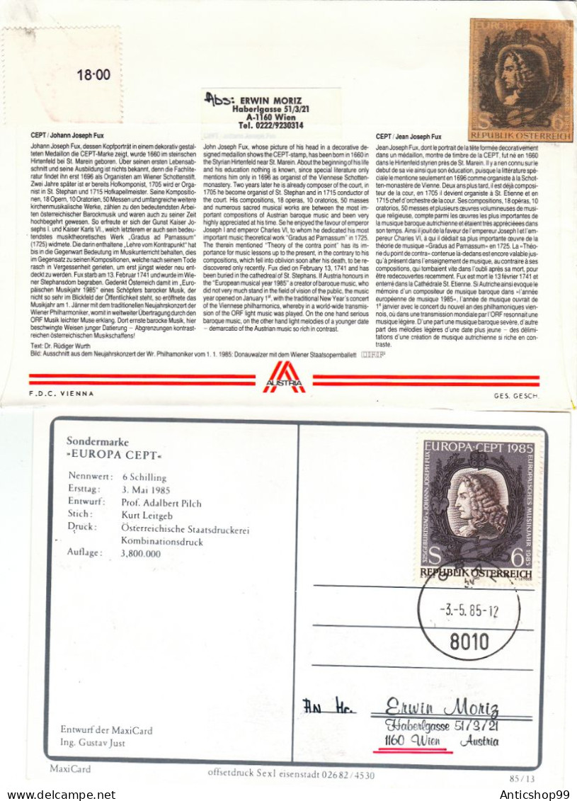 EUROPA CEPT , JOHANN JOSEPH FUX, X2  COVER FDC  1985  AUSTRIA - 1985