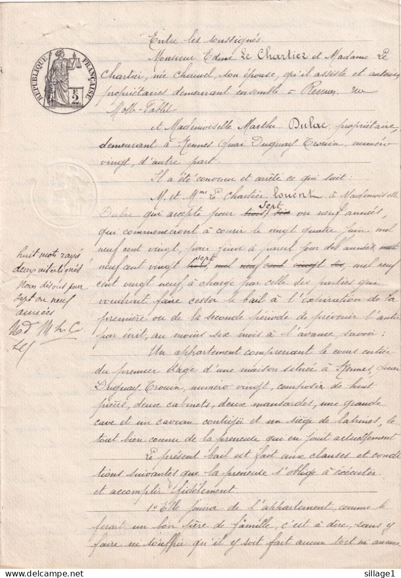 Rennes Maison  Au 20 Quai Duguay-Trouin Bail - Contrat De Location De 1920 République Française En Filigrane De 1919 - Gebührenstempel, Impoststempel