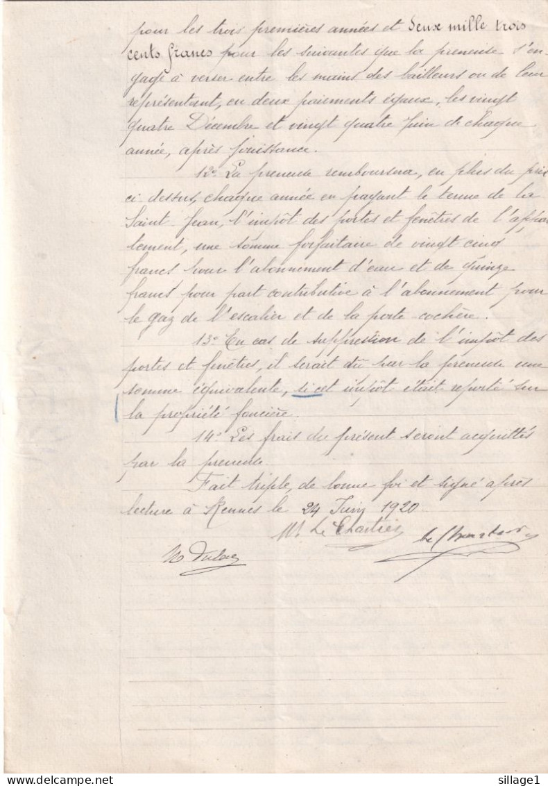 Rennes Maison  Au 20 Quai Duguay-Trouin Bail - Contrat De Location De 1920 République Française En Filigrane De 1919 - Gebührenstempel, Impoststempel