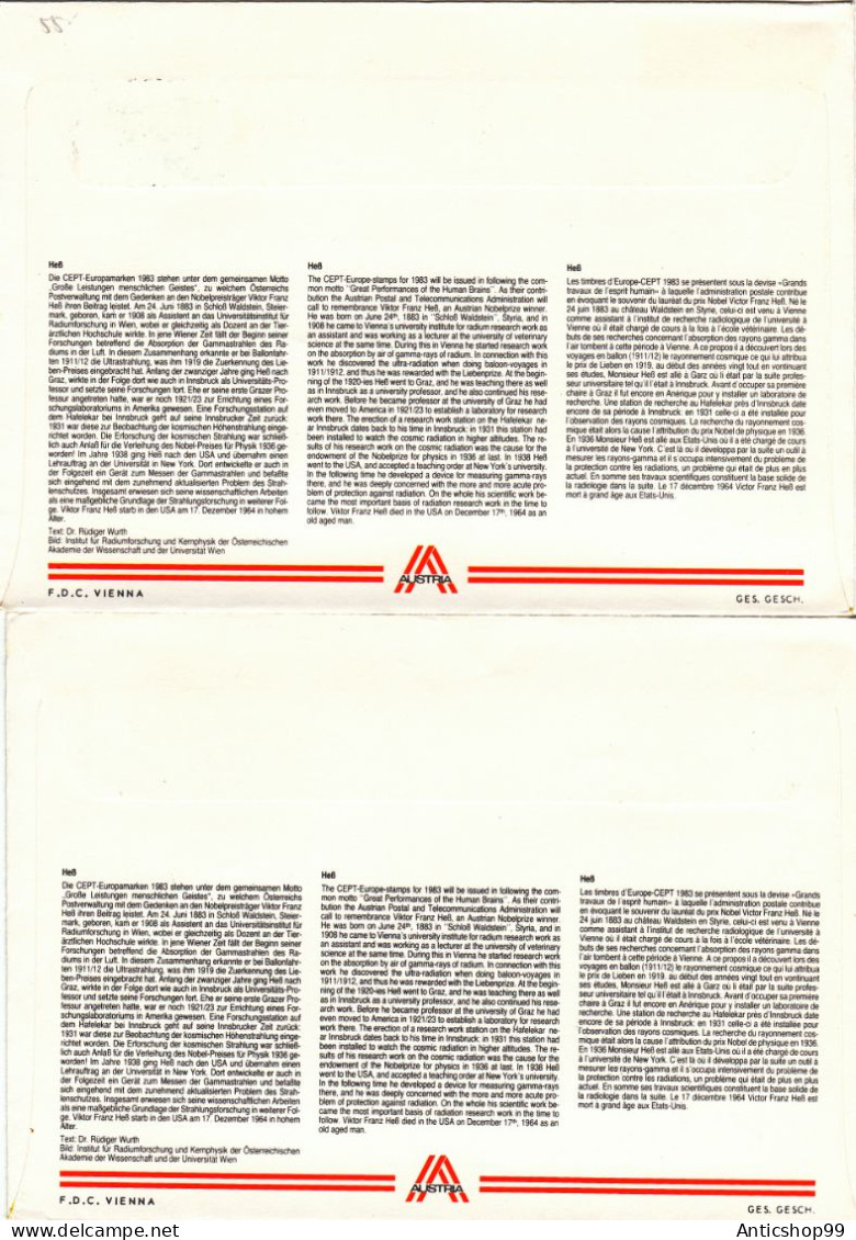 EUROPA-CEPT , 100. GEBURTSTAG VIKTOR FRANZ HESS, X2  COVER FDC  1983  AUSTRIA - 1983