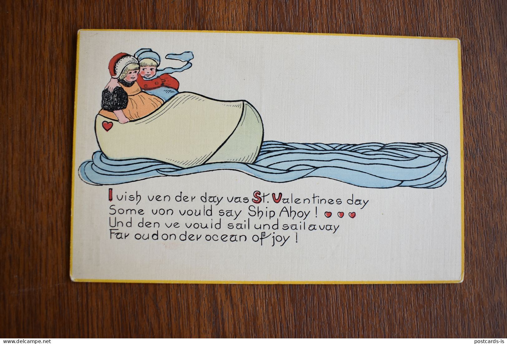 G391 Valentine's Day Clog Klomp Wood Dutch Netherlands Hand Painted Postcard - San Valentino