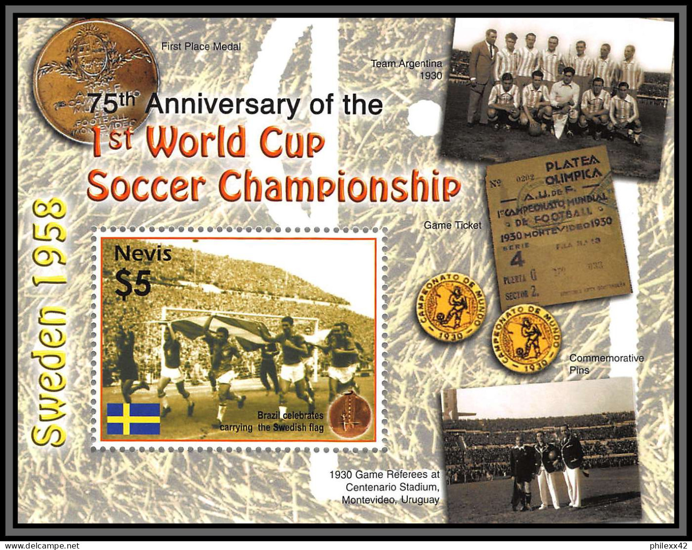 81210 Nevis Mi BF N°252 75th Anniversary 1rst World Cup Sweden 1958 Coupe Du Monde TB Neuf ** MNH Football Soccer - 1958 – Suecia