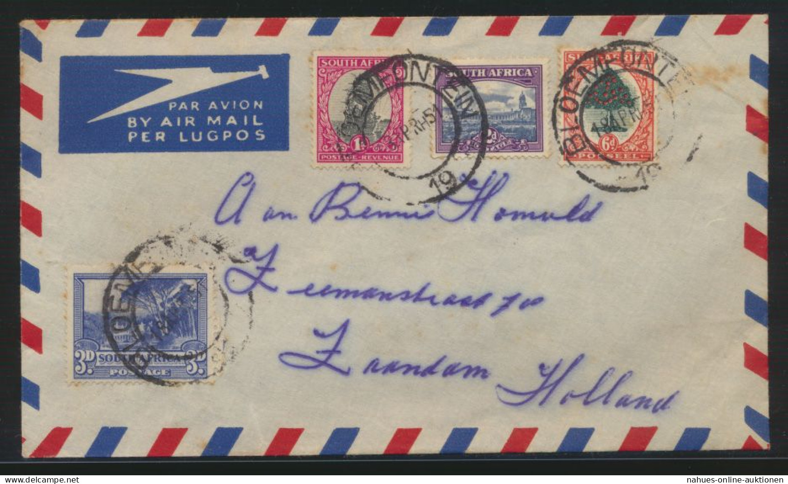 Flugpost Afrika Brief Ab Bloemfontein Nach Niederlande - Briefe U. Dokumente