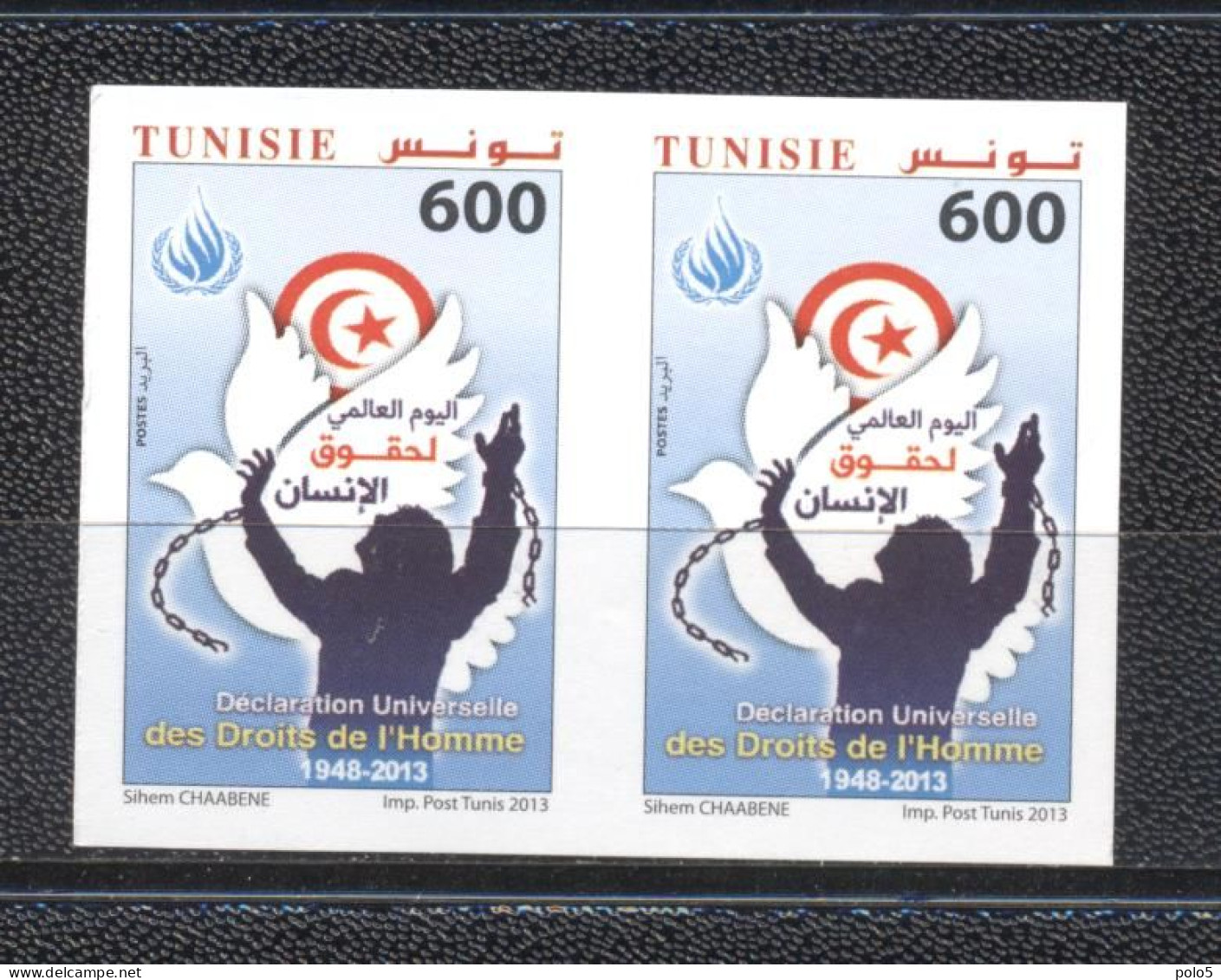 Tunisie 2013- Commémoration De La Déclaration Univrselle Des Droits De L'Homme Paire Non Dentelé - Tunisia (1956-...)