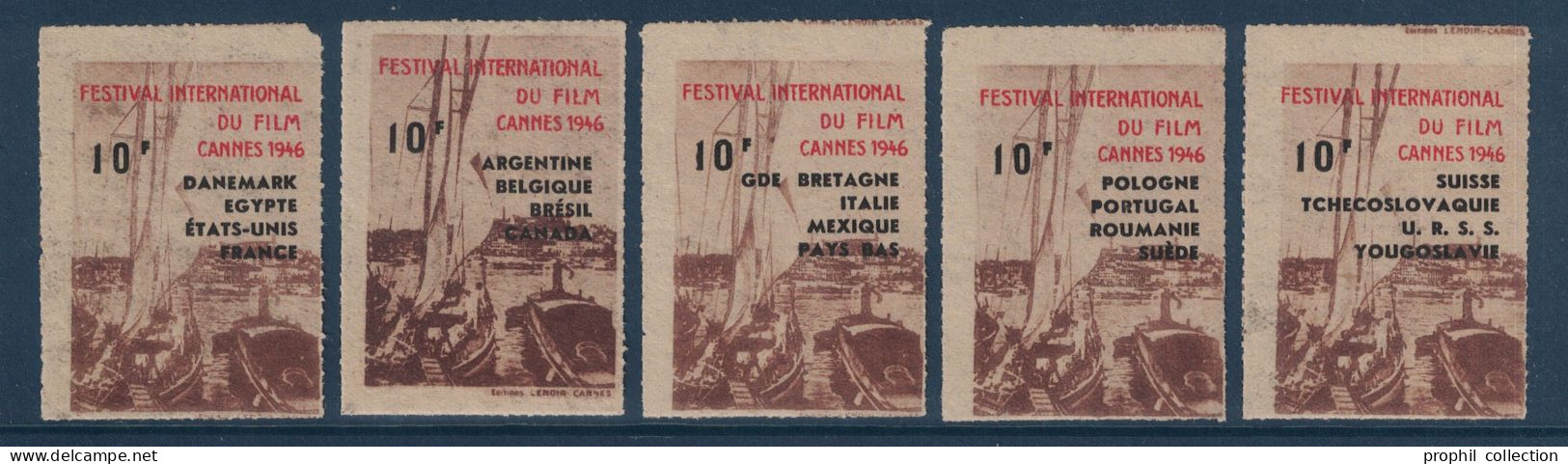 LOT SÉRIE De 5 VIGNETTES CANNES 1946 FESTIVAL DU FILM AVEC LES DIFFERENTS PAYS - Aviazione