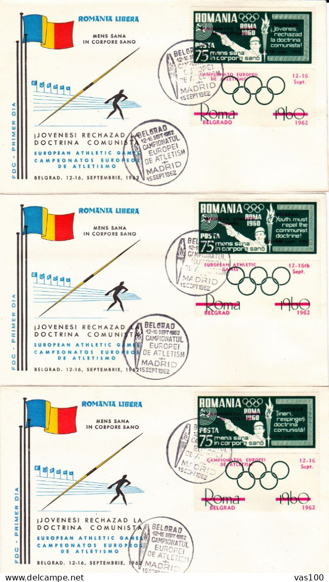 SPAIN EXILE ,3X COVERS  FDC   EUROPEAN  ATHLETIC GAMES OVERPRINT 1962  PERFORATED ROMANIA - FDC