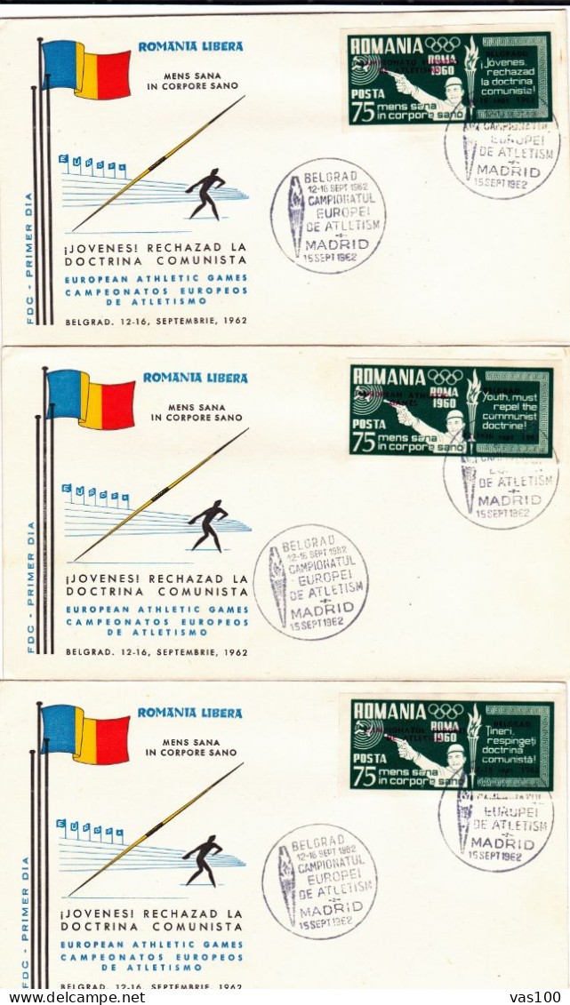 SPAIN EXILE ,3X COVERS  FDC   EUROPEAN  ATHLETIC GAMES OVERPRINT 1962  IMPERFORATED ROMANIA - FDC