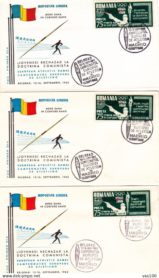 SPAIN EXILE ,3X COVERS  FDC   EUROPEAN  ATHLETIC GAMES OVERPRINT 1962  PERFORATED ROMANIA - FDC