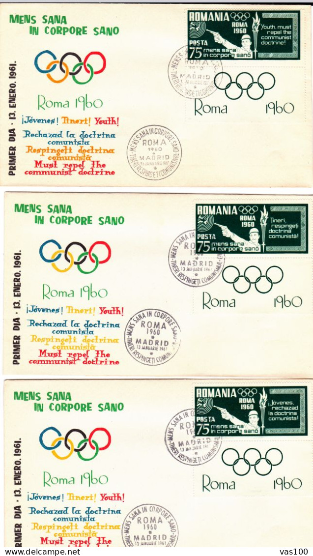 SPAIN EXILE ,3X COVERS  FDC  OLYMPIC GAMES  ROMA 1960  PERFORATED  + LABELS ,ROMANIA - FDC