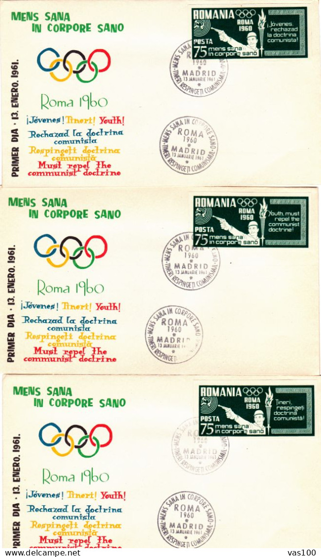 SPAIN EXILE ,3X COVERS  FDC  OLYMPIC GAMES  ROMA 1960  IMPERFORATED   ,ROMANIA - FDC