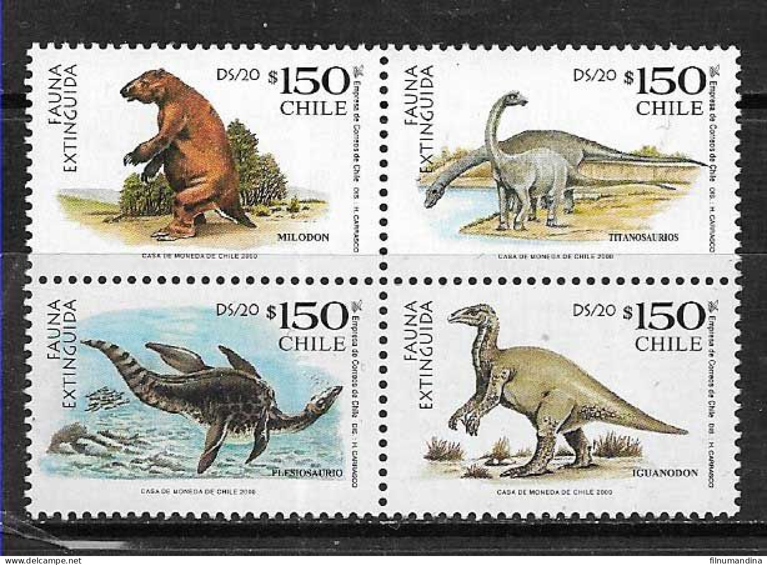 #2588 CHILE 2000 PREHISTORIC FAUNA DINOSAURS YV 1537-40 BLOC  MNH - Chile