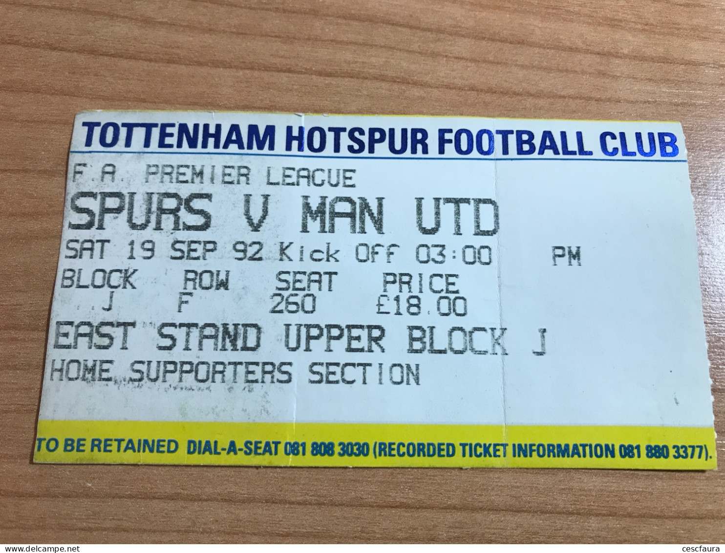 Ticket Football Match Tottenham Hotspur Vs Manchester United 19/09/1992 Premier League Entrada - Eintrittskarten