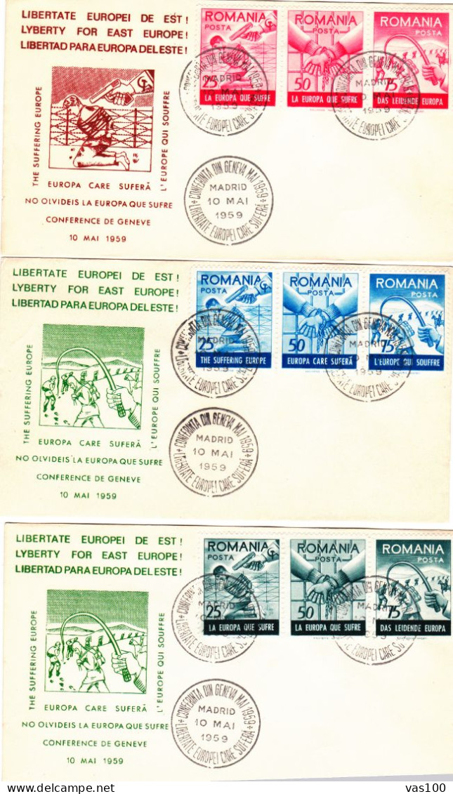 SPAIN EXILE ,3X COVERS  FDC  CONFERENCE DE GENEVE 1959  PERFORATED   ,ROMANIA - FDC