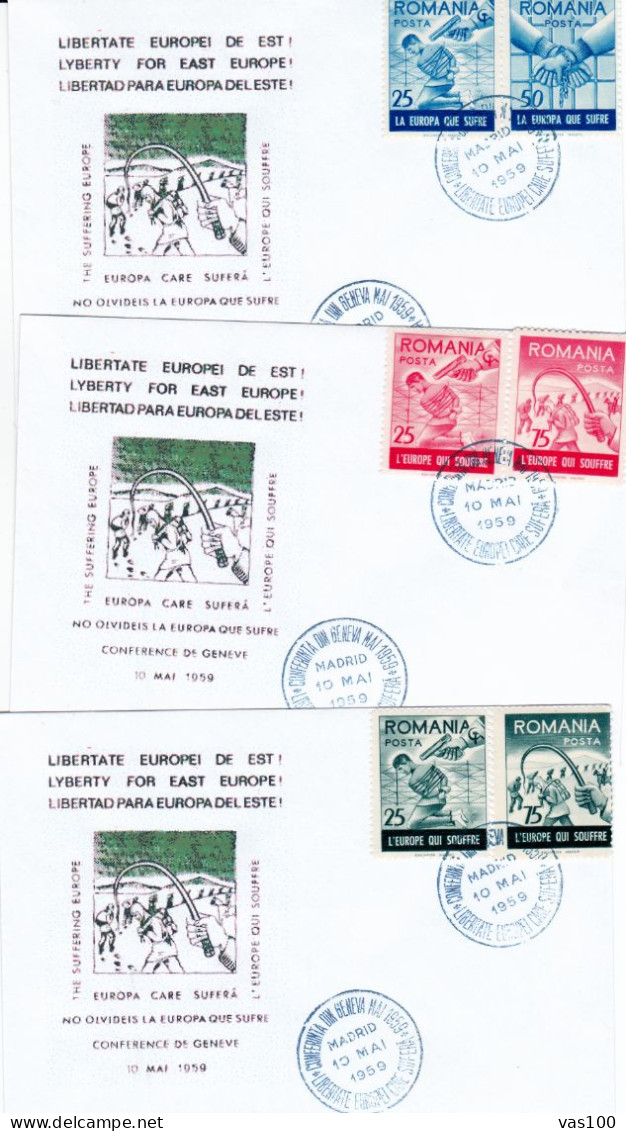 SPAIN EXILE ,3X COVERS  FDC  CONFERENCE DE GENEVE 1959  PERFORATED   ,ROMANIA - FDC