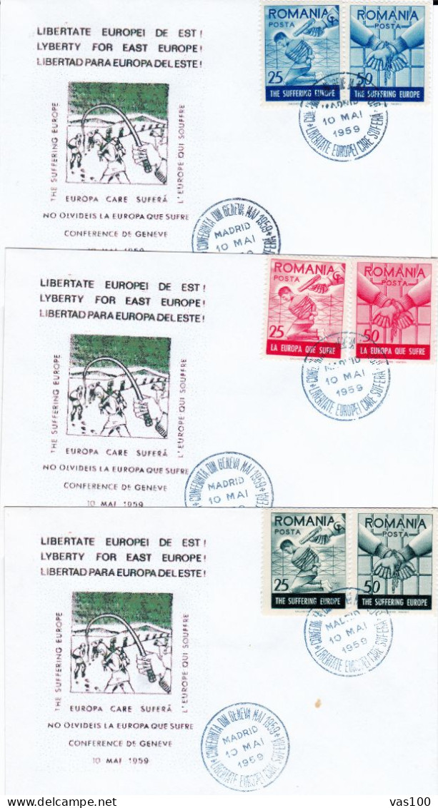 SPAIN EXILE ,3X COVERS  FDC  CONFERENCE DE GENEVE 1959  PERFORATED   ,ROMANIA - FDC