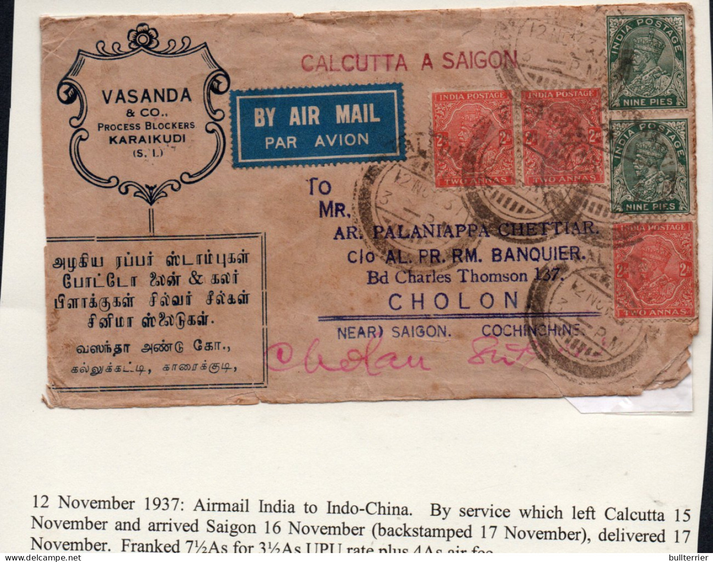 INDIA - 1937 -  12TH NOVEMBER AIRMAIL COVER TO SAIGON   WITH BACKSTAMP - 1936-47  George VI