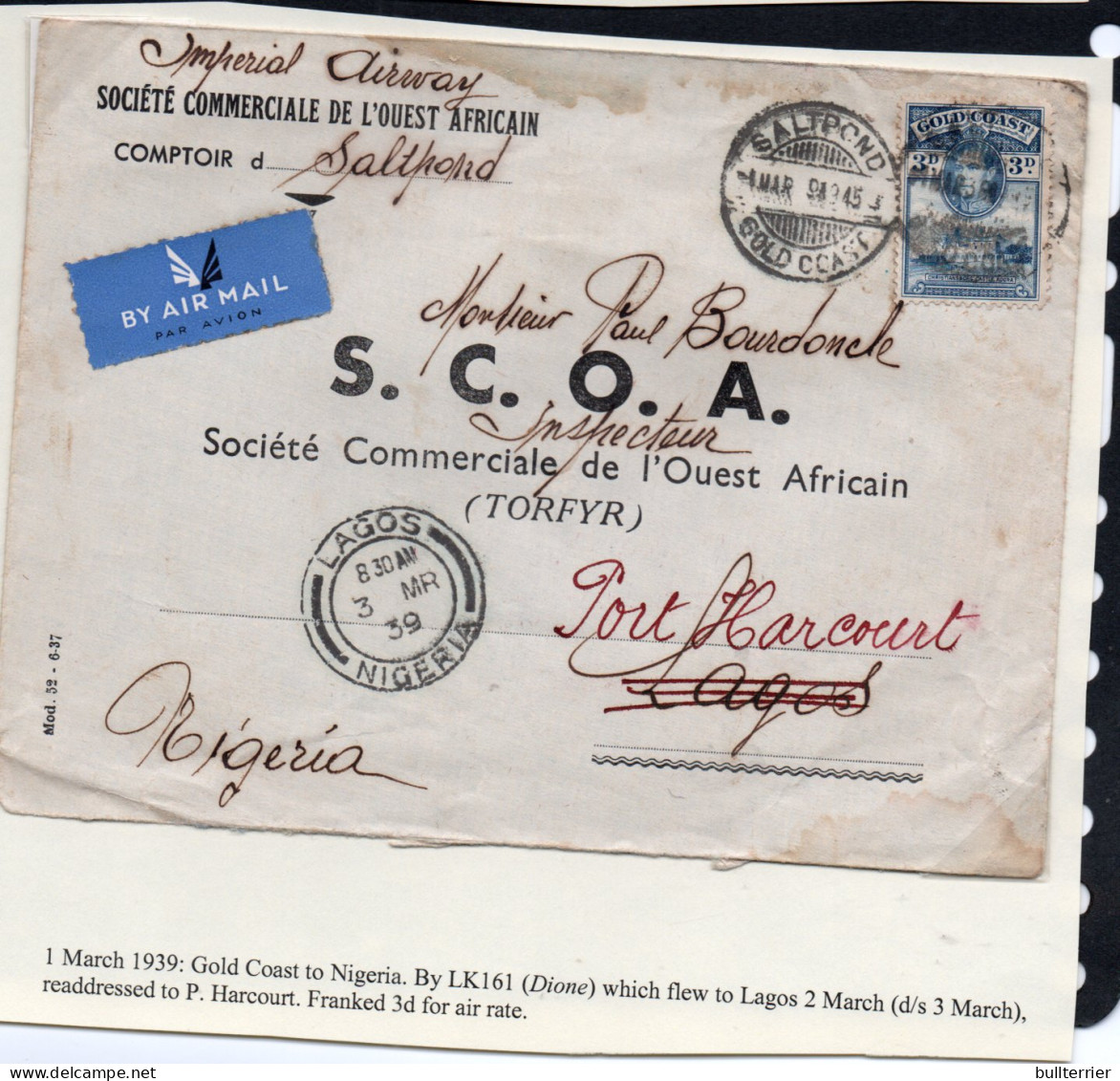 GOLD COAST -  1939 - IMPERIAL AIRWAYS  COVER TO LAGOS REDIRECTED TO PORT HARCOURT WITH BACKSTAMP - Costa D'Oro (...-1957)
