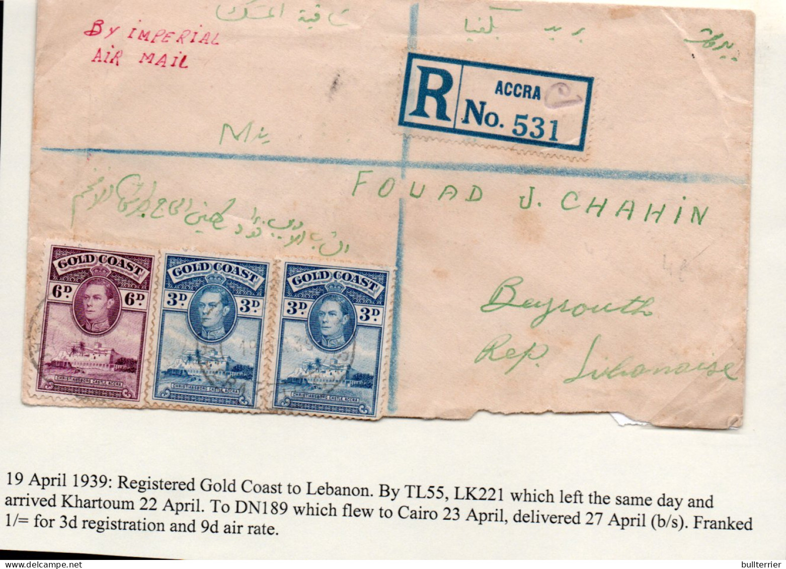 GOLD COAST -  1939 - IMPERIAL AIRWAYS REG COVER TO BYROUGH,LEBANON WITH BACKSTAMP - Côte D'Or (...-1957)