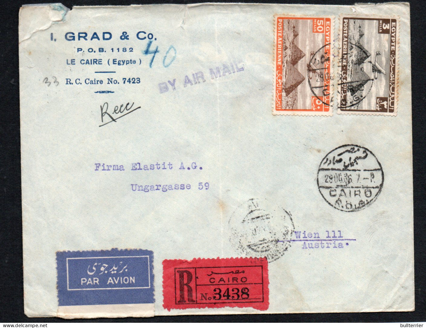 EGYPT - 1936 - IMPERIAL AIRWAYS REGISTERED COVER CAIRO TO VIENNA ,AUSTRIA WITH BACKSTAMP - Briefe U. Dokumente