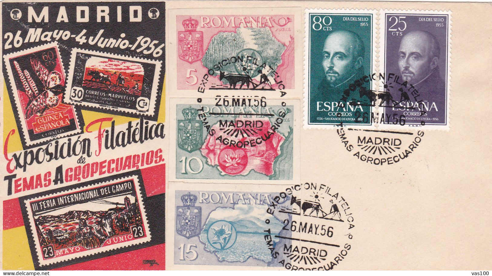 SPAIN EXILE  COVERS  FDC   PHILATELIC EXHIBITION 1956 PERFORATED   ,ROMANIA - FDC