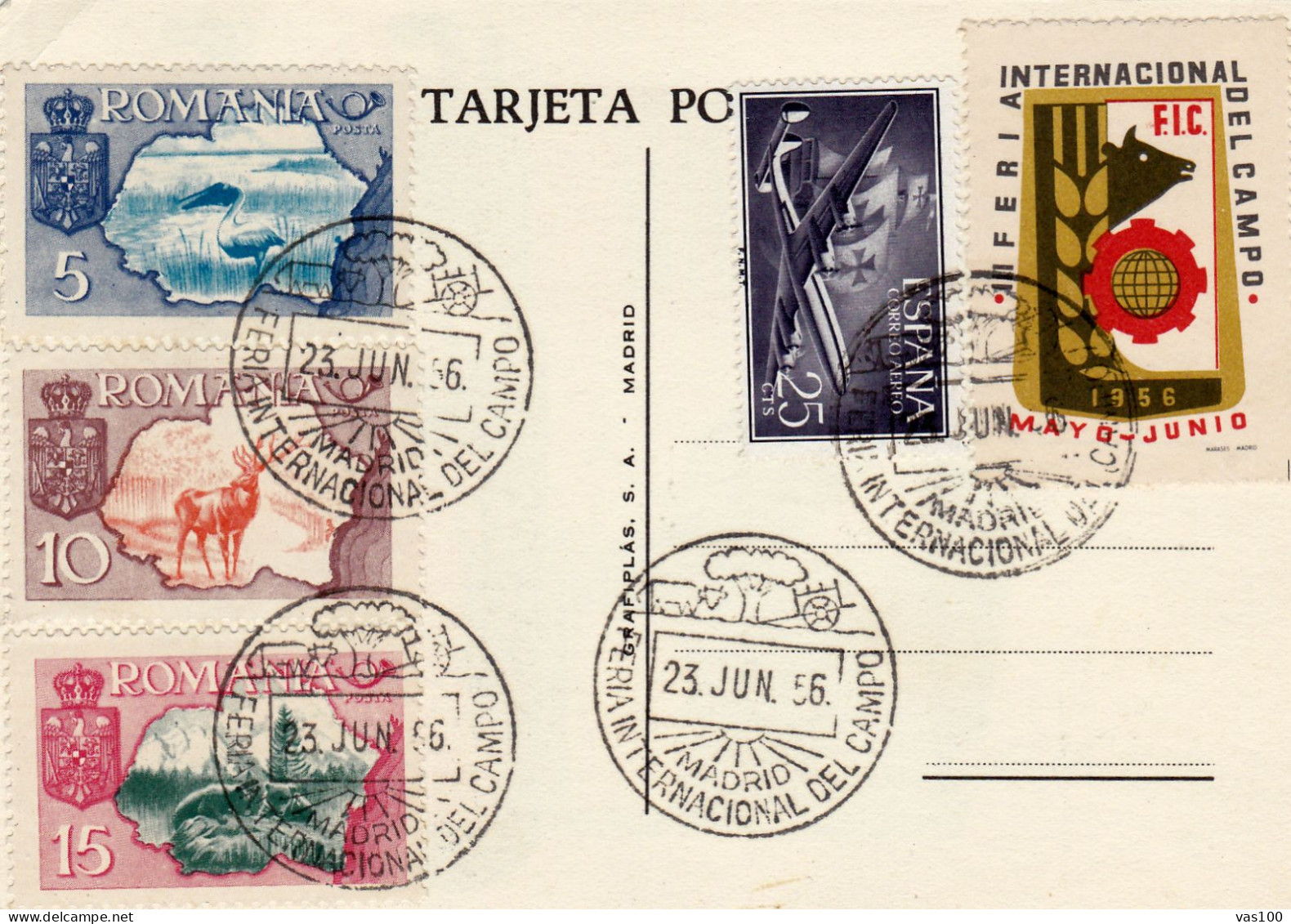 SPAIN EXILE  POST CARD  FDC   FERIA NACIONAL DEL CAMBO  1956   ,ROMANIA - FDC