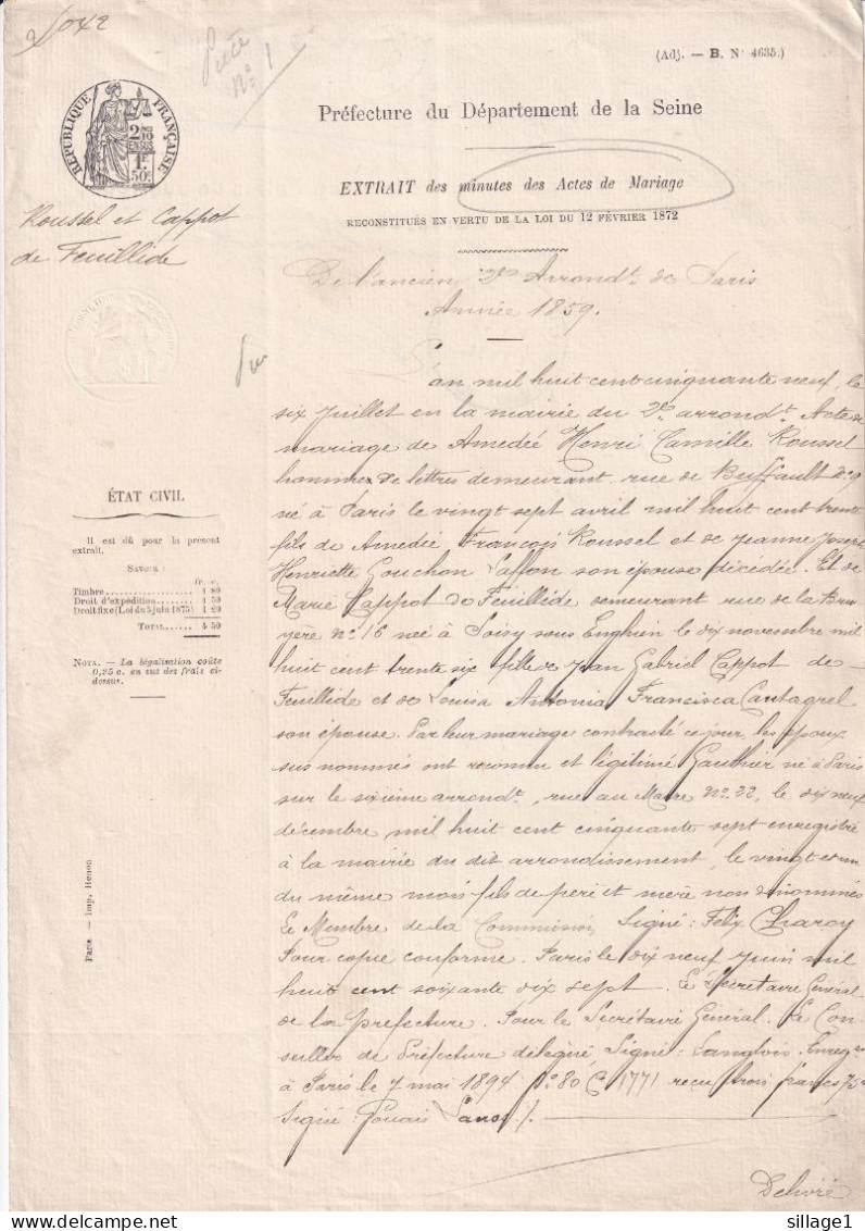 Soisy Sous Enghien 95 PARIS GREFFE DU PALAIS DE JUSTICE A PARIS EXTRAIT DES MINUTES DES ACTES De MARIAGE 1897 - Wedding