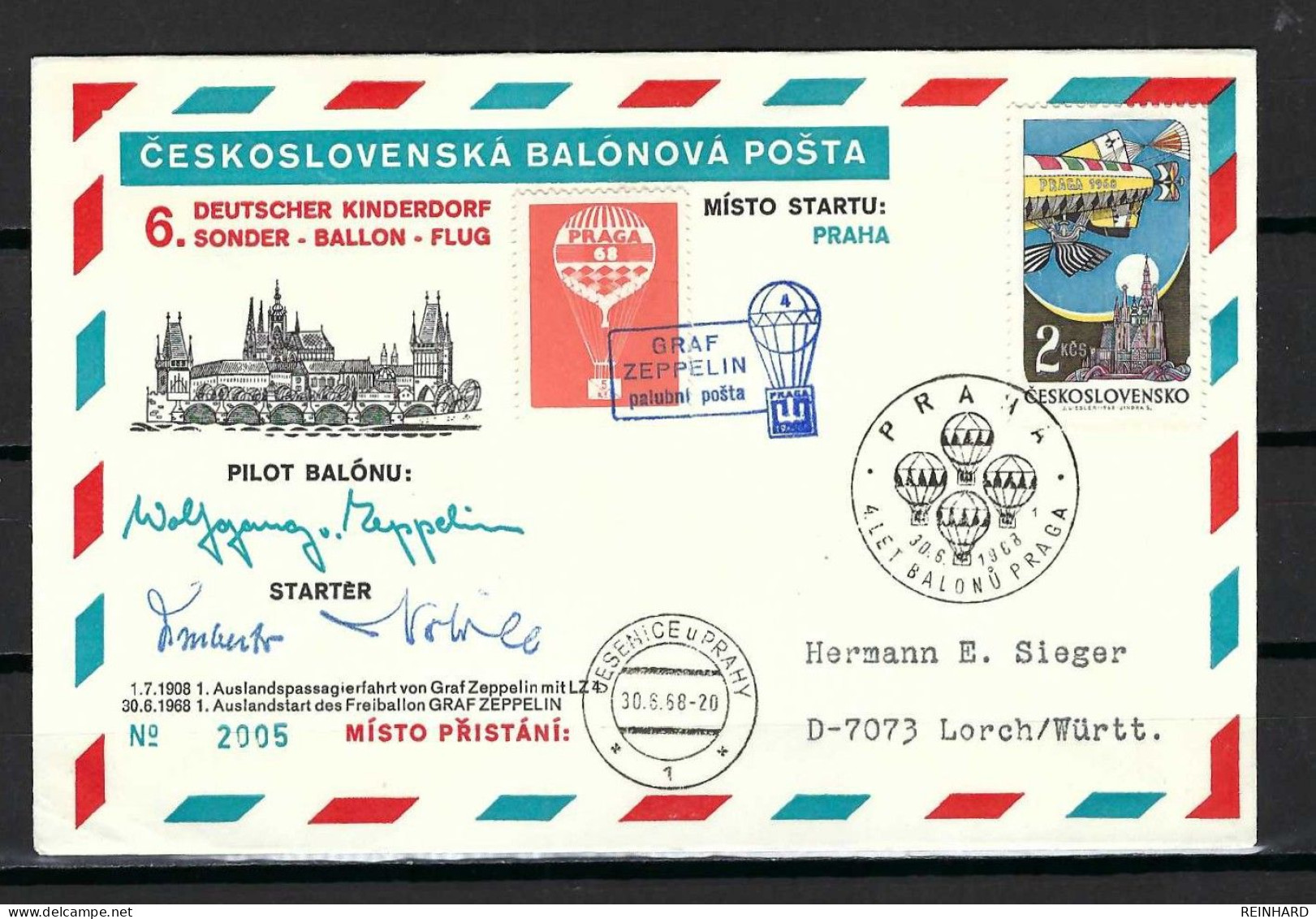 6. DEUTSCHER KINDERDORF SONDER-BALLONFLUG Von Prag Nach Jesenice 30.6.1968 - Siehe Bild - Lettres & Documents