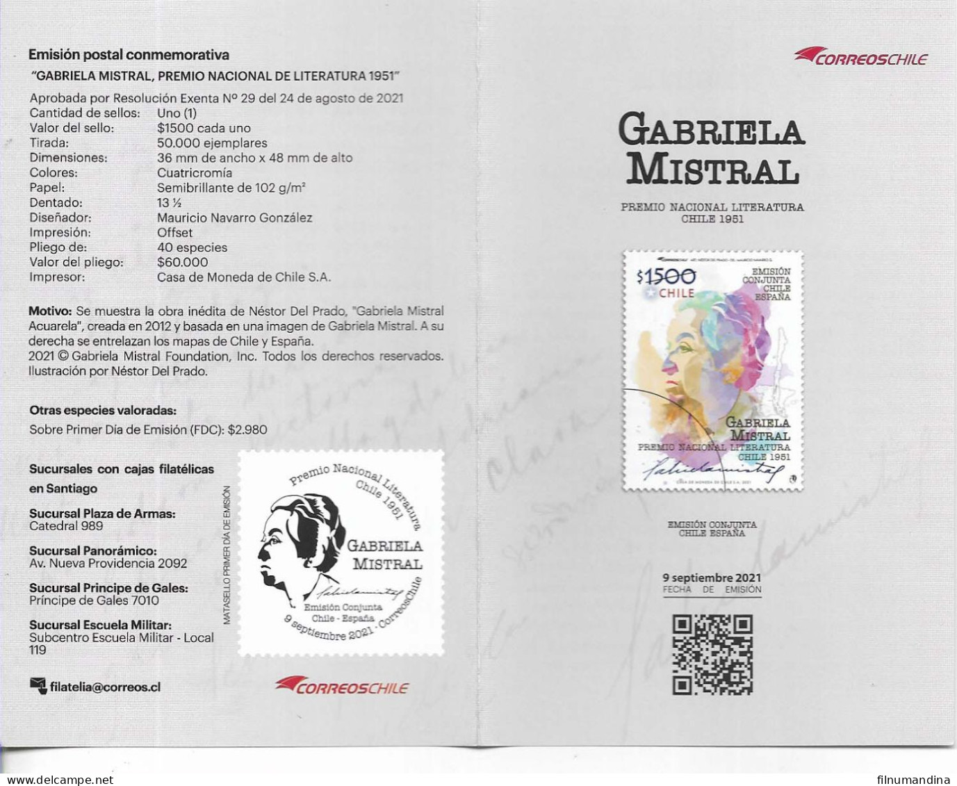 #2589B CHILE 2021 SPAIN-CHILE JOINT ISSUE LITERATURE GABRIELA MISTRAL POST OFFICIAL BROCHURE YV 2173+   MNH - Chile