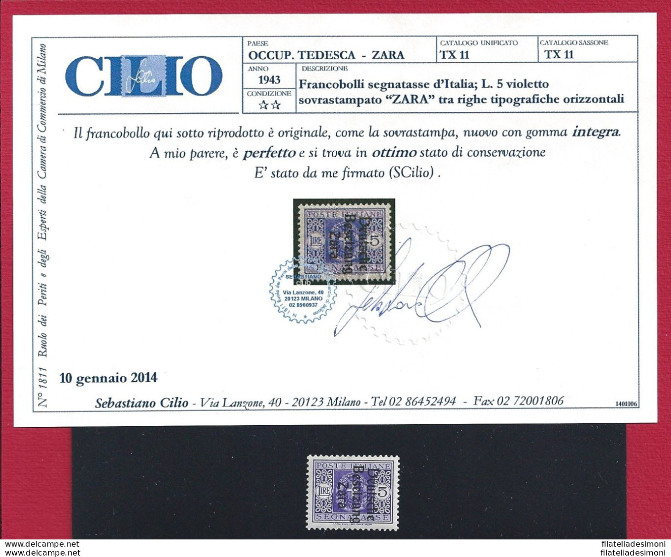 1943 ZARA , Occupazione Tedesca - Tasse N° 11 ,  5 Lire Violetto , MNH** Certif - Other & Unclassified