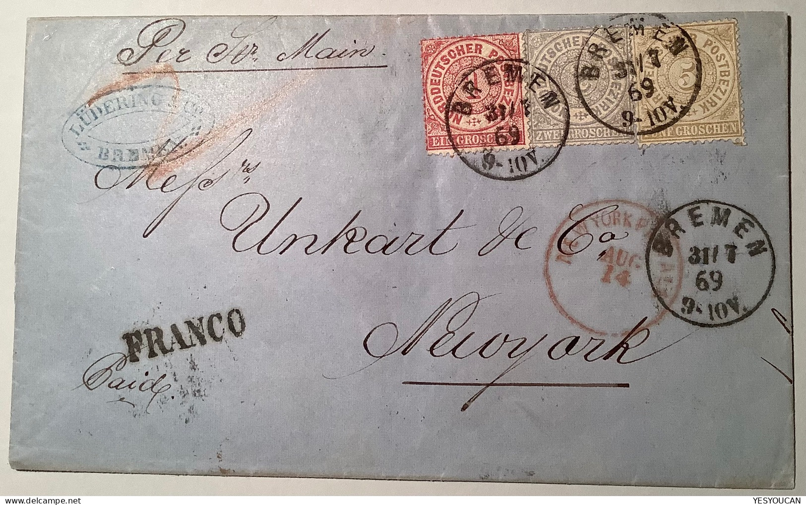 NDP Mi 16-17-18 "BREMEN 1869"Brief 2.Gewichtsstufe>Unkart New York, USA,ex Erivan (transatlantic Mail Cover From Germany - Cartas & Documentos