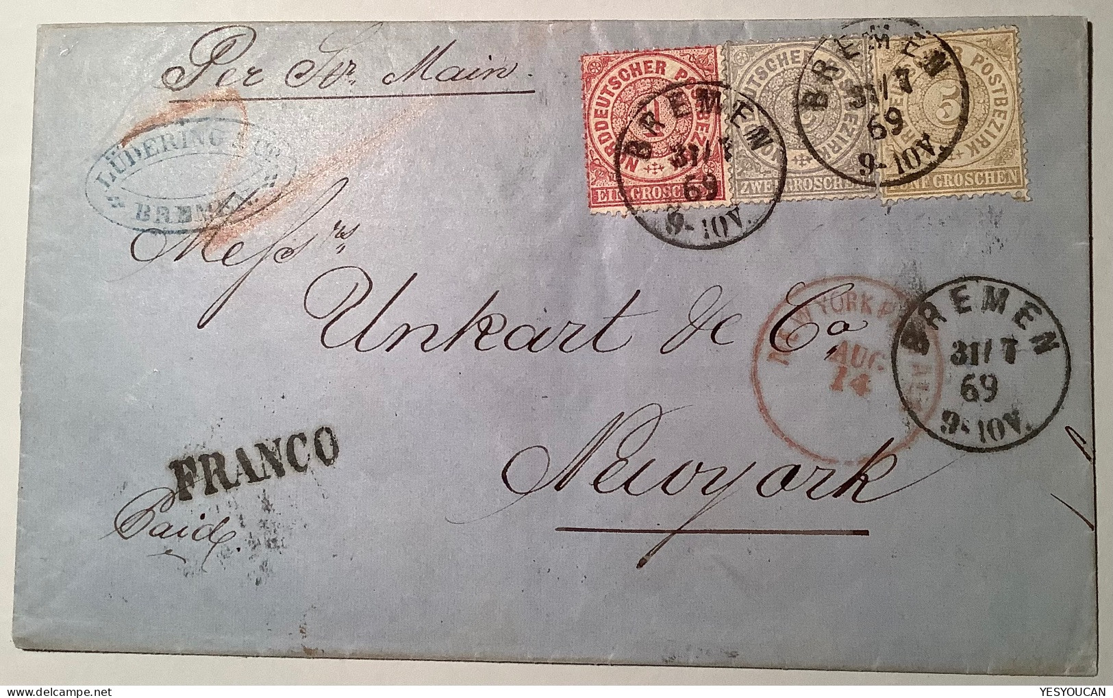 NDP Mi 16-17-18 "BREMEN 1869"Brief 2.Gewichtsstufe>Unkart New York, USA,ex Erivan (transatlantic Mail Cover From Germany - Lettres & Documents