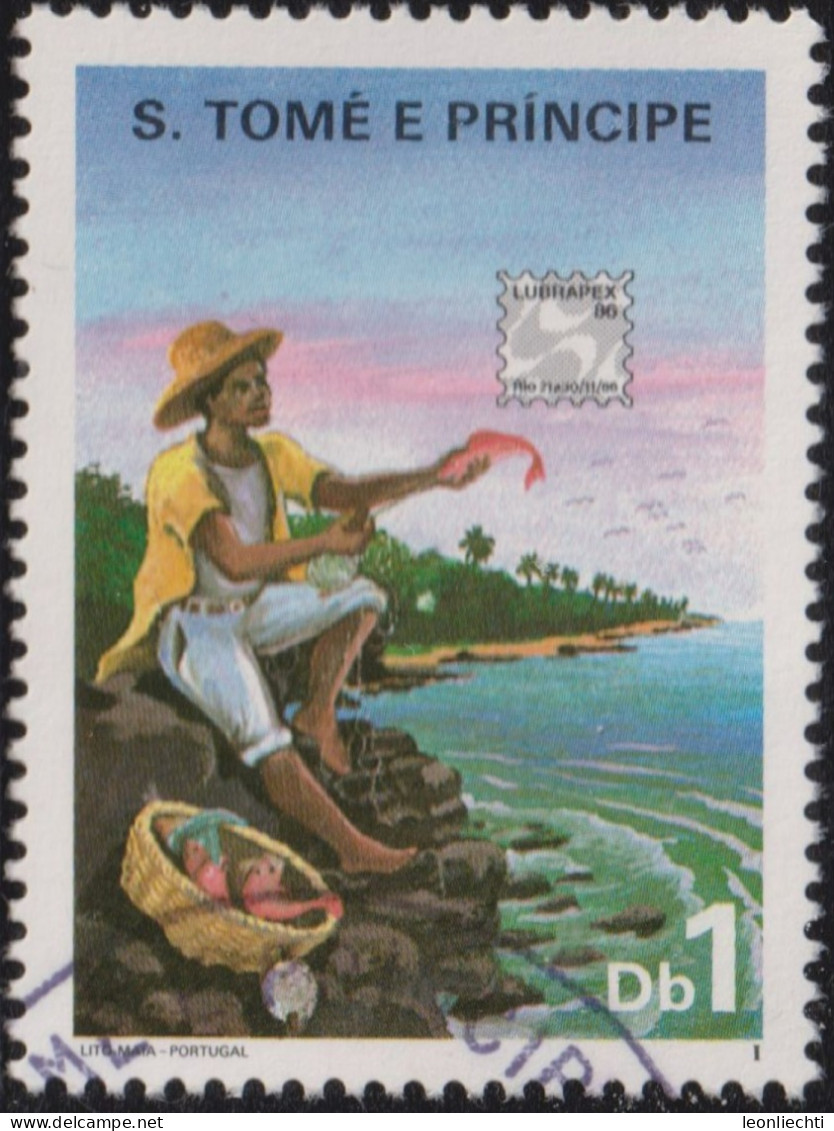1986 São Tomé Und Príncipe ° Mi:ST 975, Sn:ST 796a, Fishing, LUBRAPEX '86, Brazil, Briefmarkenausstellung - São Tomé Und Príncipe